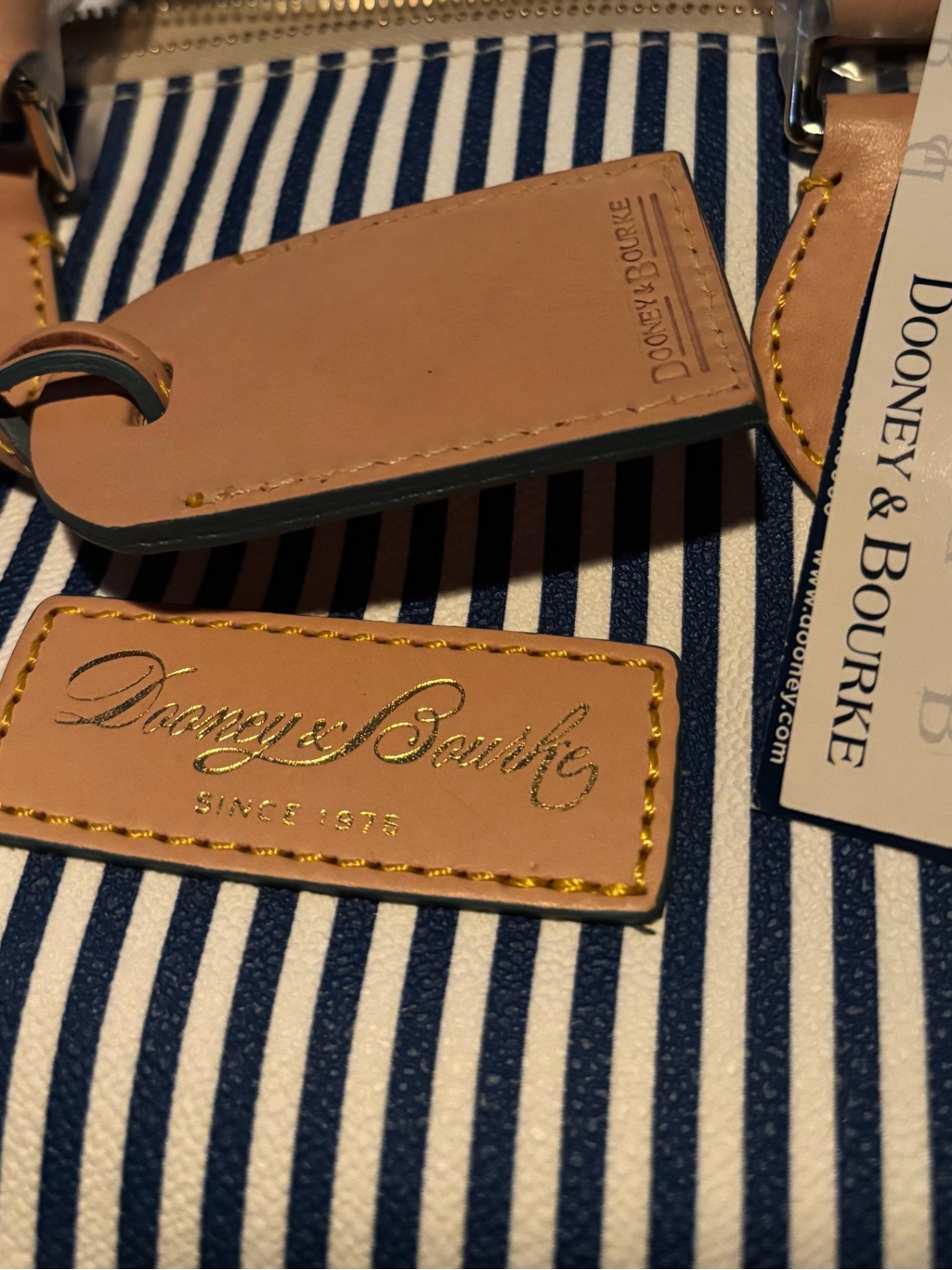 Dooney & Bourke Navy And White Striped Tote With Tan Leather Accents Disney